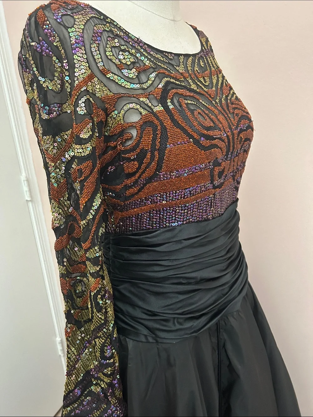 VTG  Neil Bieff Sequin beaded top maxi taffeta tulle lined cocktail opera dress